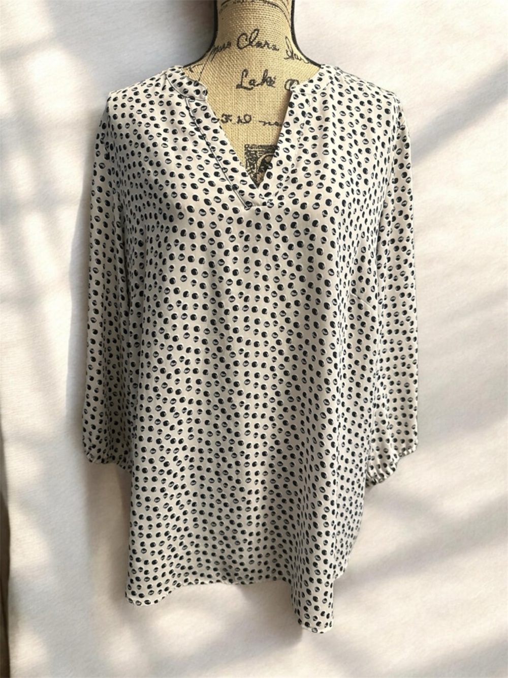 Adrianna Papell Cream and Black Polka Dot V-Neck Tunic